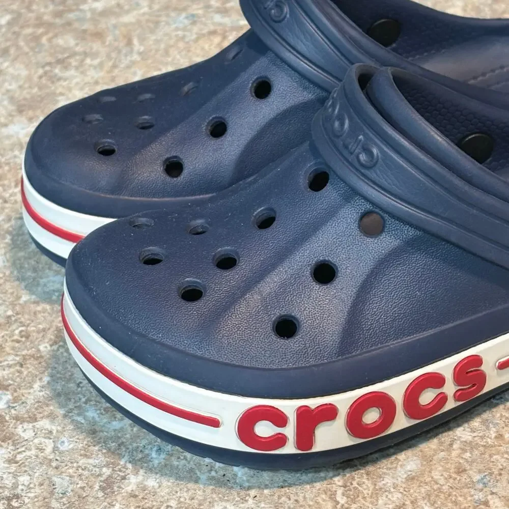 Crocs Navy Blue Banded Platform Red White Slip on Clog Shoes Size 13 Children's